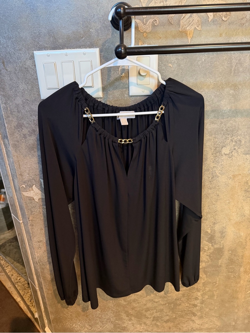 Michael Kors Black Long-Sleeve Blouse with Gold Chain Detail - Picture 2 of 5